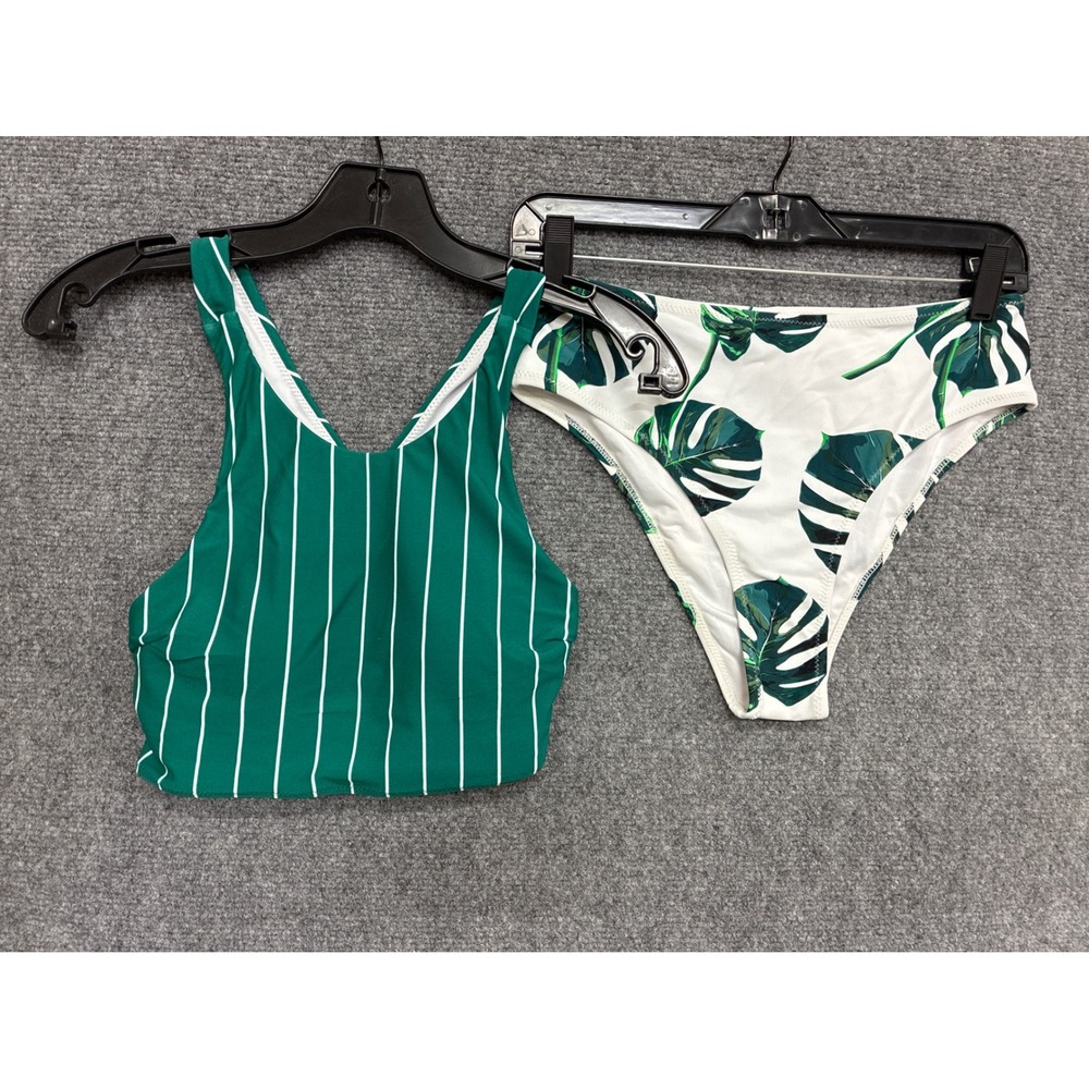 Cupshe Bikini Set Green White Striped High Neck Top Monstera Leaf Bottoms Medium